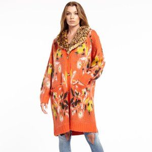 NWT ARATTA Sophia Coral Floral Sweater Cardigan, removable cheetah colla…